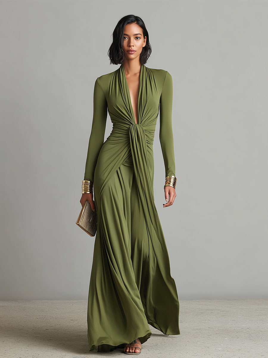 Vestido Largo Verde Oliva de Seda Elástica con Profundo Escote en V y Detalles Fruncidos, Vestido Maxi Glamour