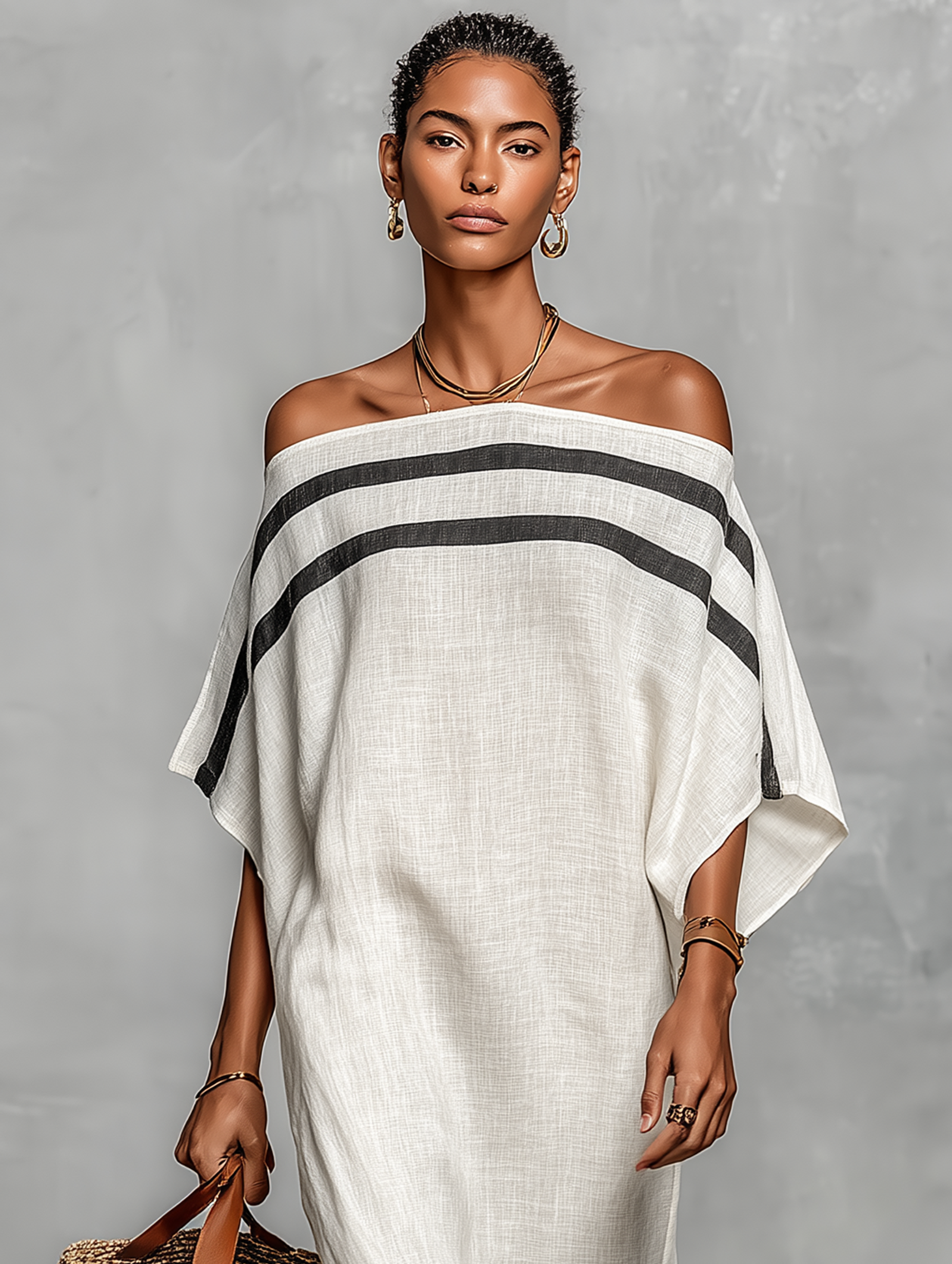 Vestido Maxi Minimalista de Lino para Mujer con Escote Off-the-Shoulder y Mangas de Murciélago