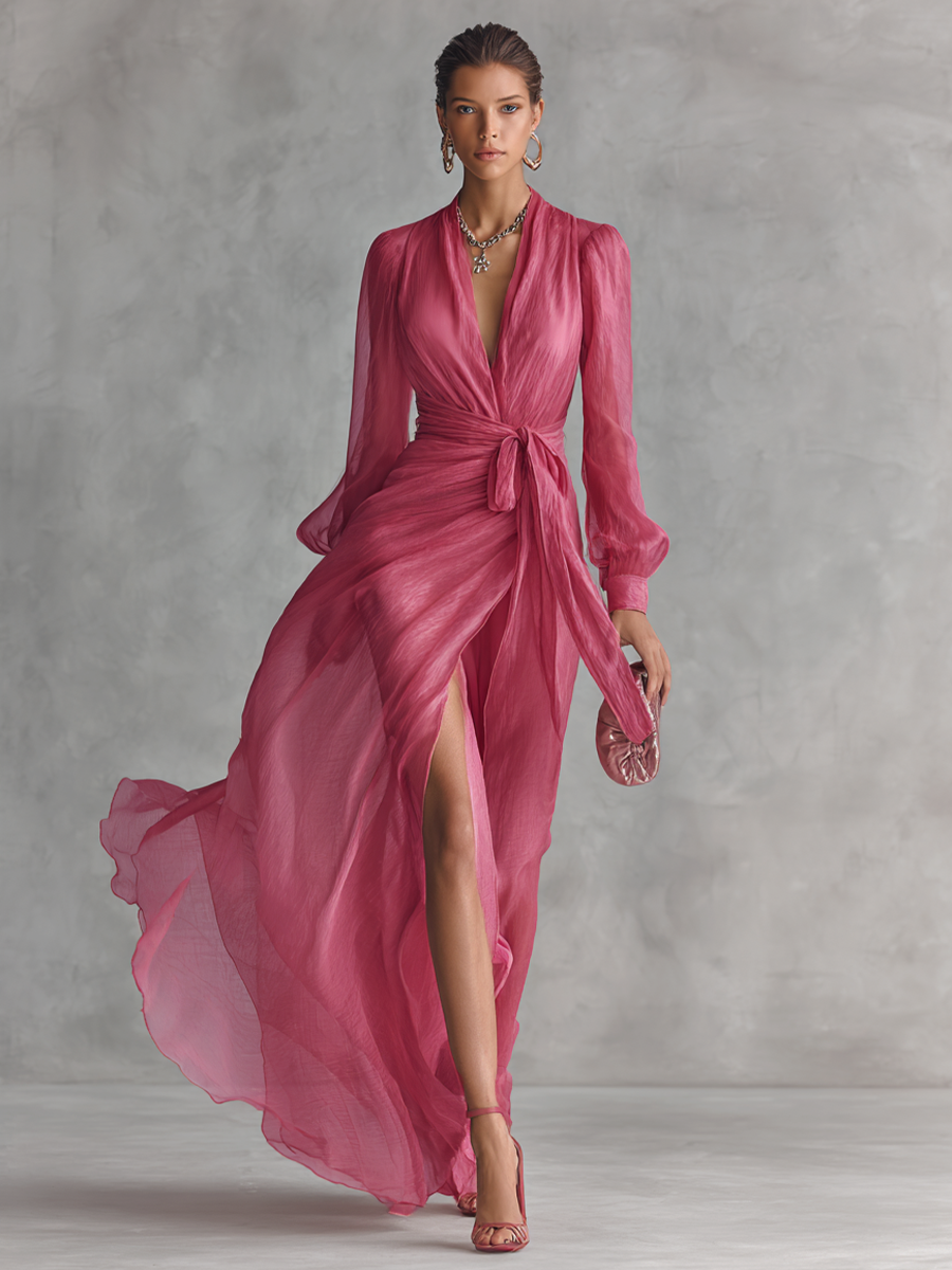 Vestido largo de chiffon rosa elegante con perlas y escote en V para mujer
