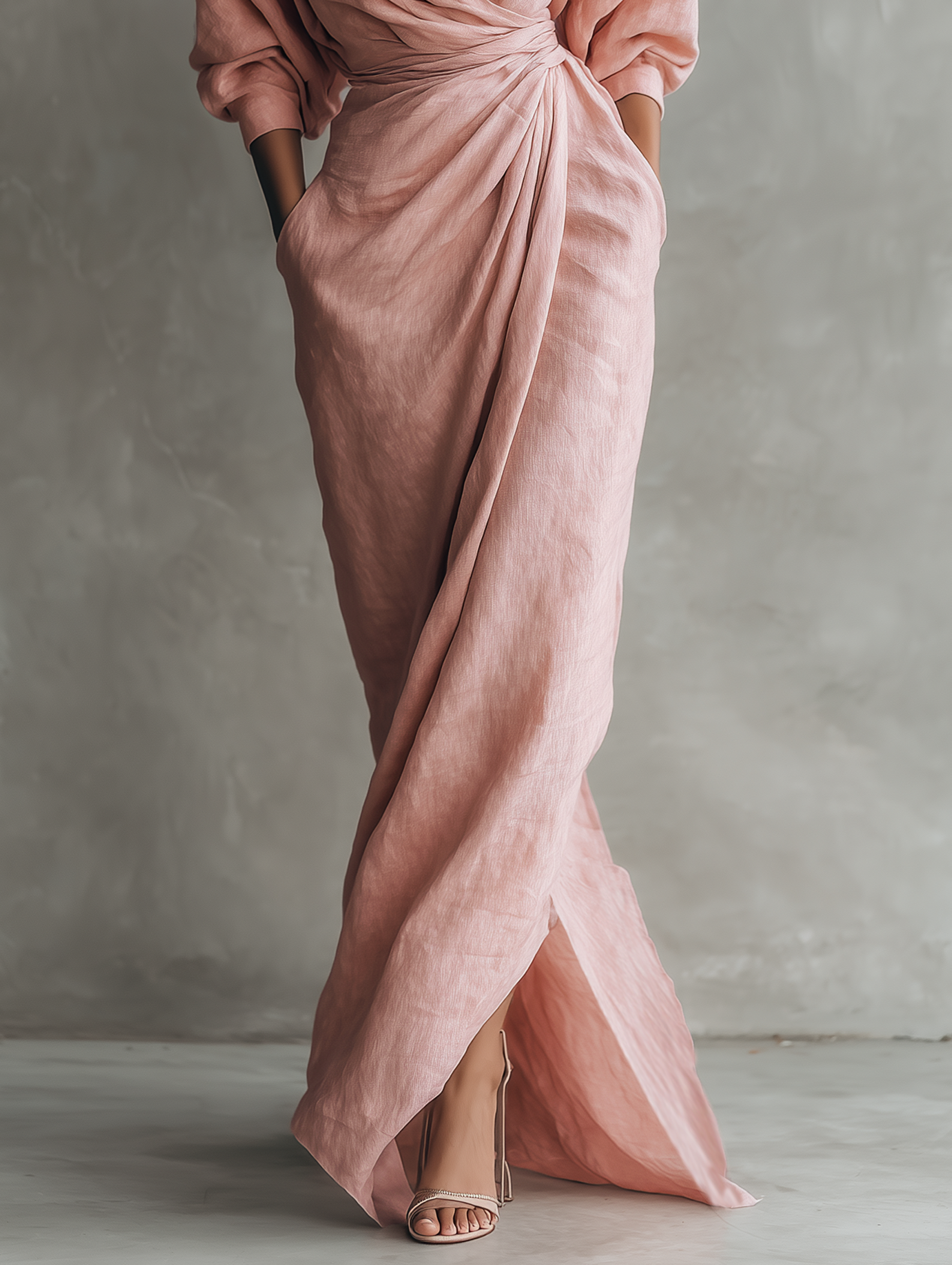 Vestido Maxi Minimalista Rosa con escote en V en mezcla de Lino para Mujer