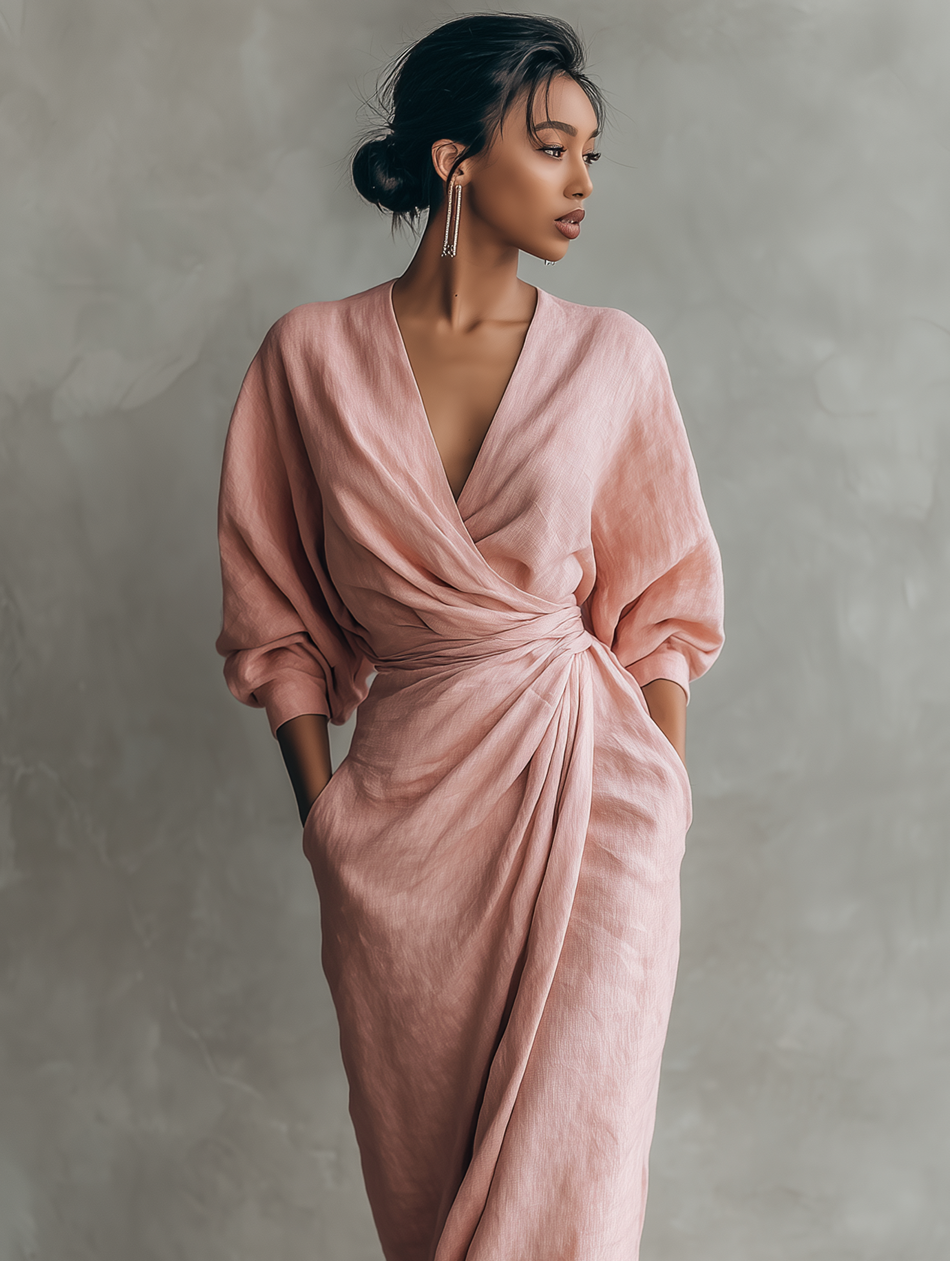 Vestido Maxi Minimalista Rosa con escote en V en mezcla de Lino para Mujer