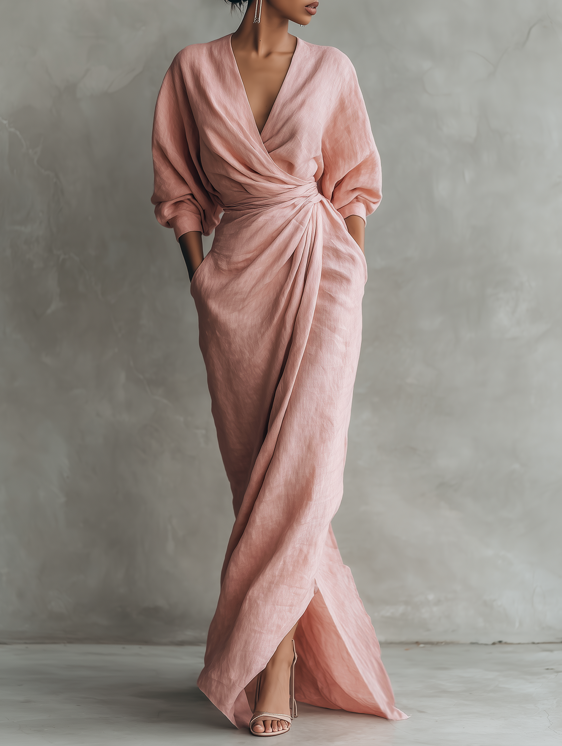 Vestido Maxi Minimalista Rosa con escote en V en mezcla de Lino para Mujer