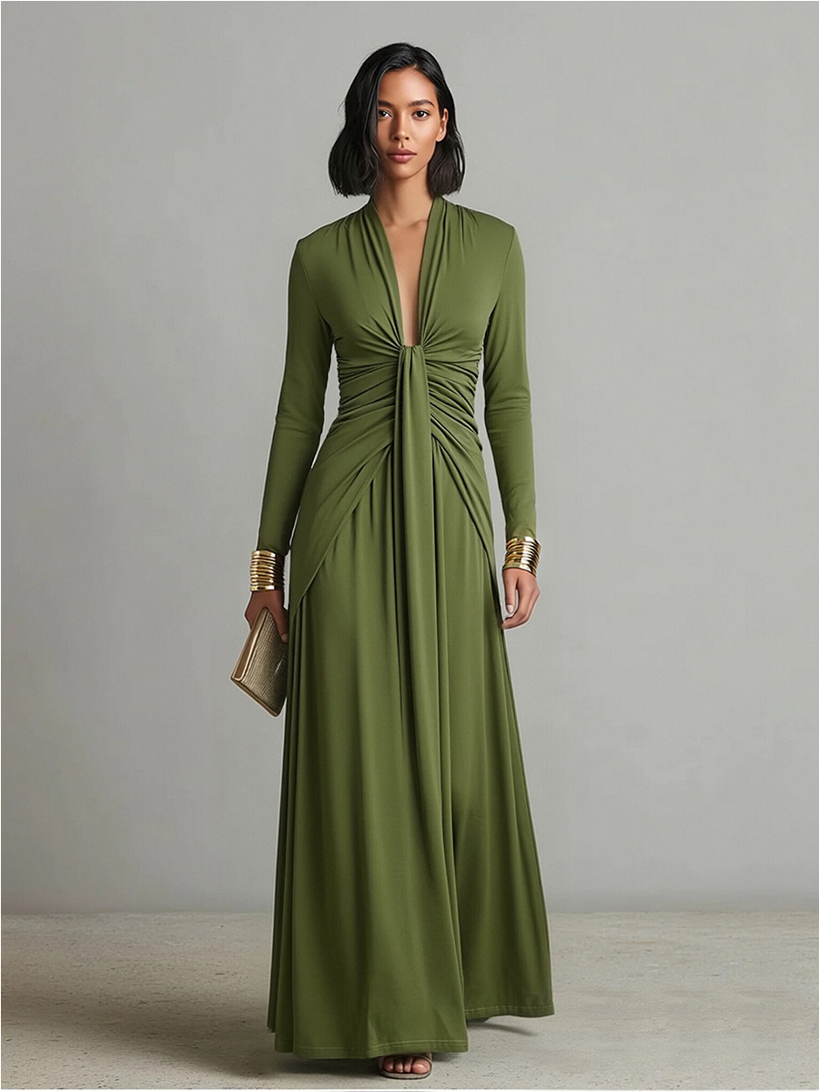 Vestido Largo Verde Oliva de Seda Elástica con Profundo Escote en V y Detalles Fruncidos, Vestido Maxi Glamour