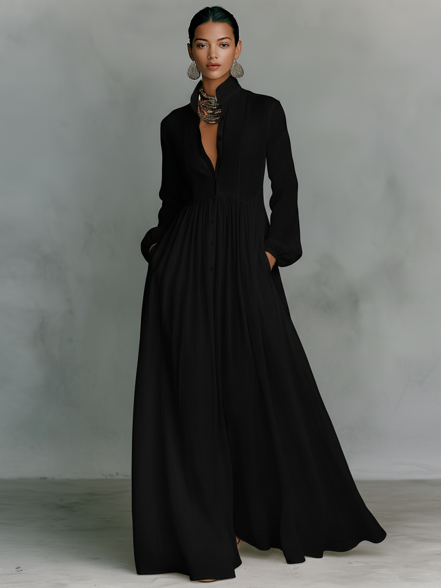 Vestido Maxi Minimalista de Algodón y Lino con Patchwork, Cuello Alto y Mangas Largas
