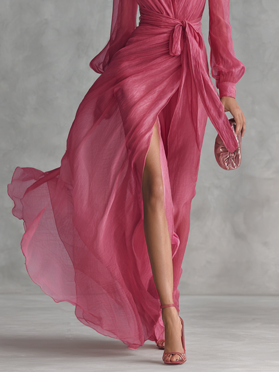 Vestido largo de chiffon rosa elegante con perlas y escote en V para mujer