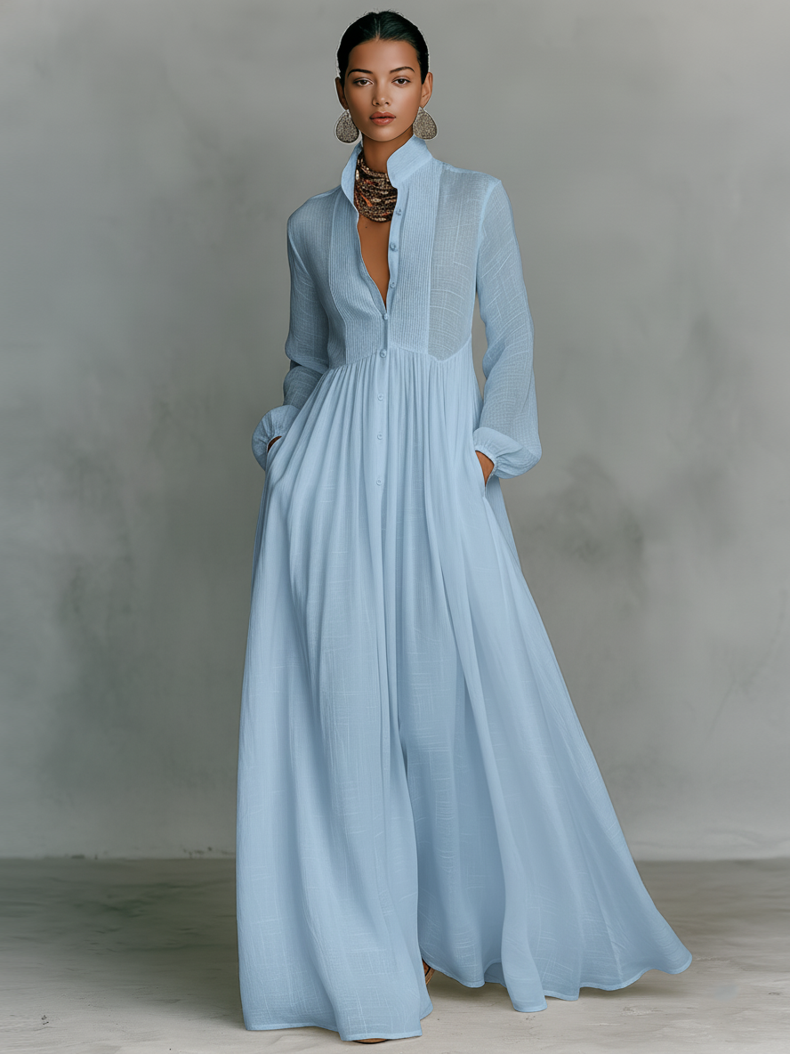 Vestido Maxi Minimalista de Algodón y Lino con Patchwork, Cuello Alto y Mangas Largas