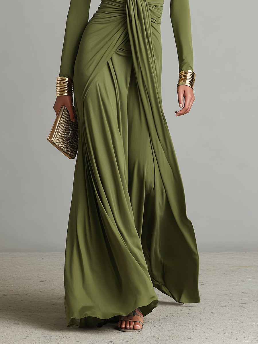 Vestido Largo Verde Oliva de Seda Elástica con Profundo Escote en V y Detalles Fruncidos, Vestido Maxi Glamour