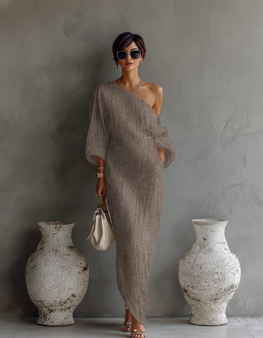 Vestido Elegante Flotante en Algodón-Lino Blanco Marfil con Hombro Descubierto