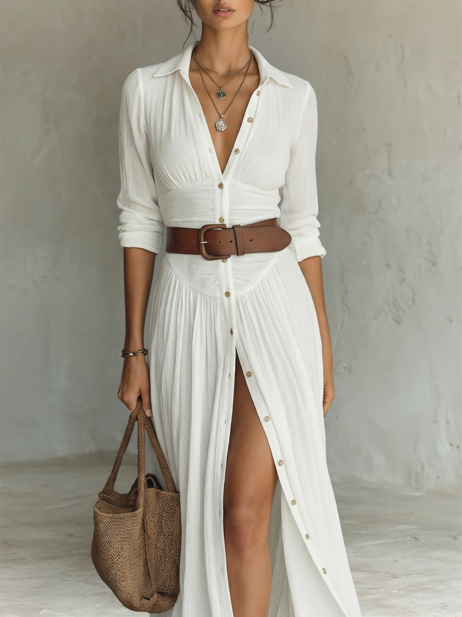 Vestido Maxi Largo con Cuello de Solapa y Mangas Largas de Lino para Mujer