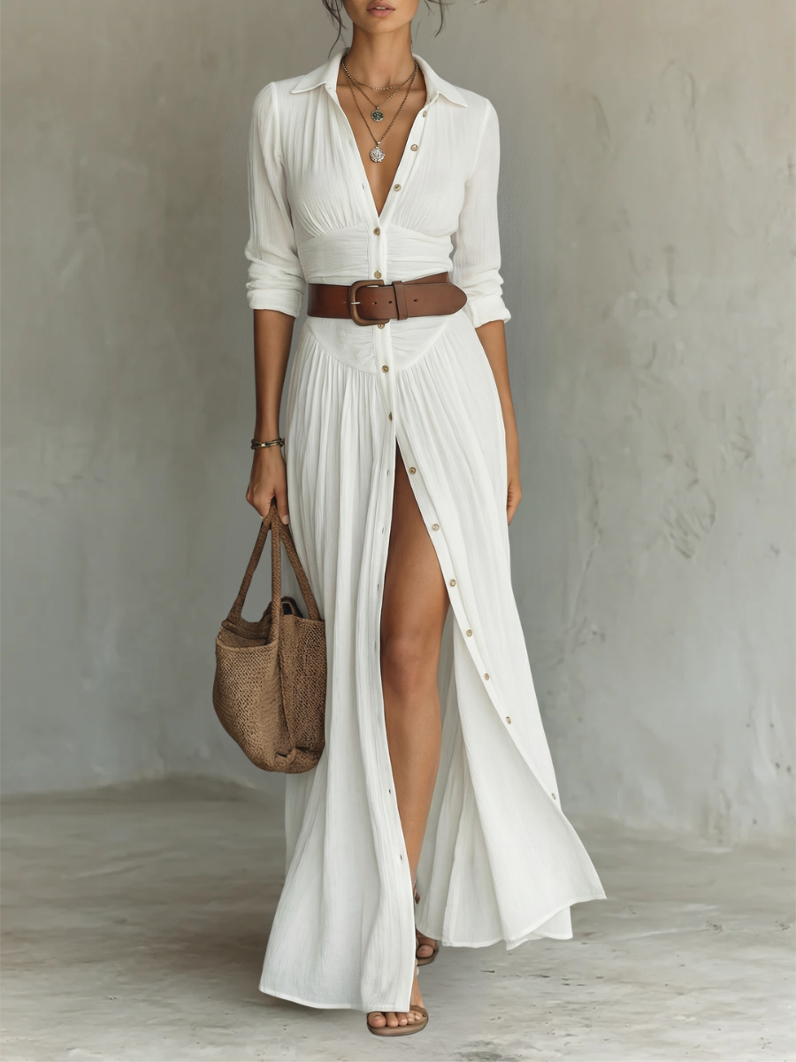 Vestido Maxi Largo con Cuello de Solapa y Mangas Largas de Lino para Mujer