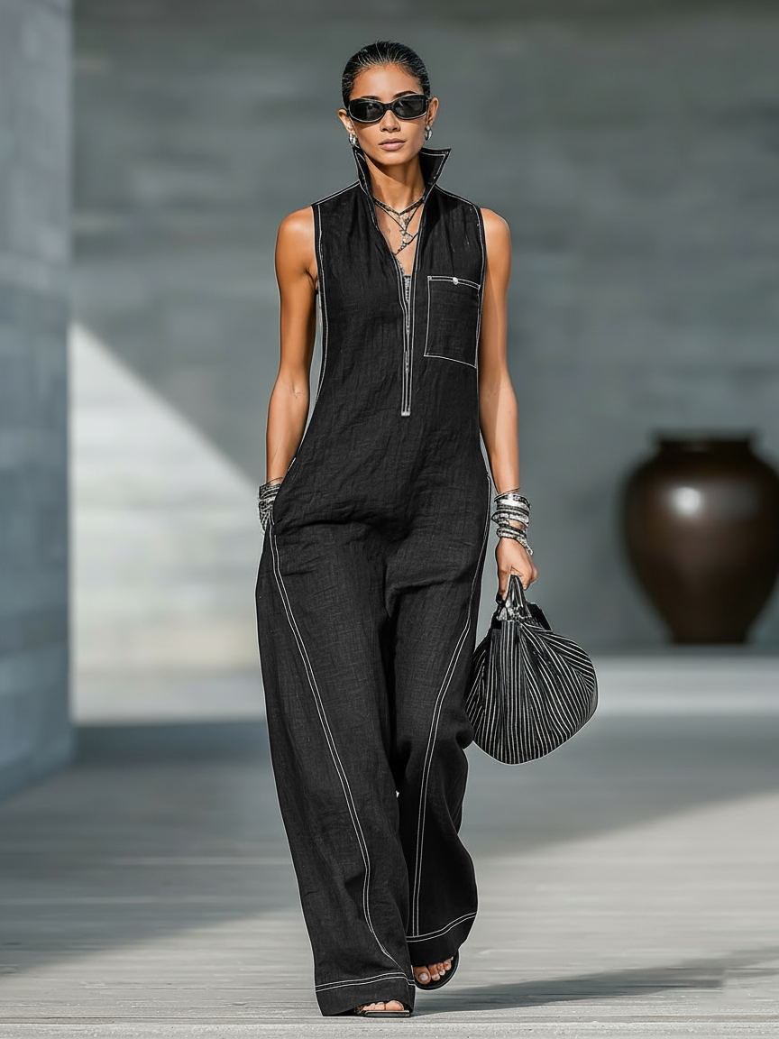 Salopette sin mangas minimalista para mujer con borde blanco