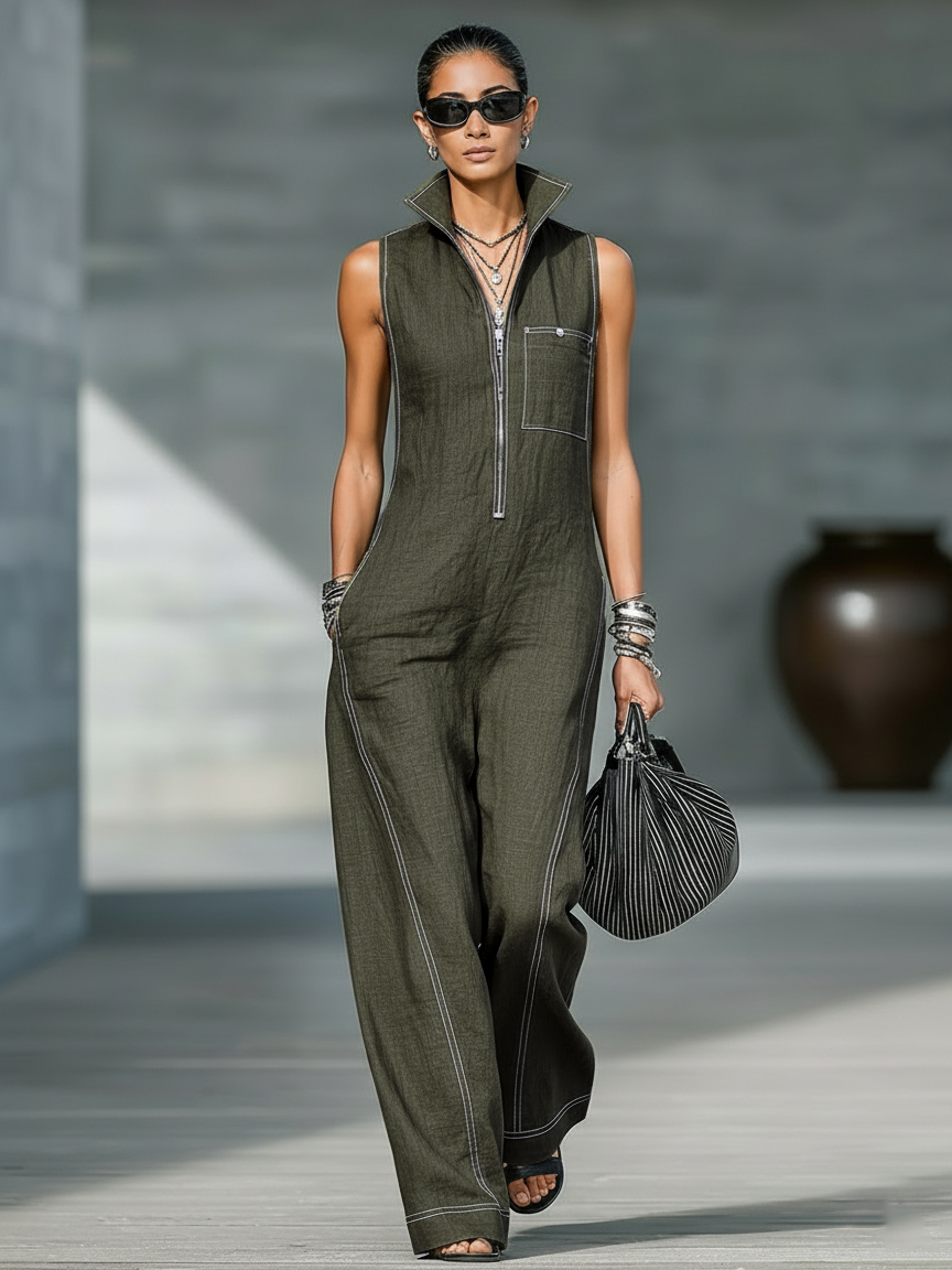 Salopette sin mangas minimalista para mujer con borde blanco