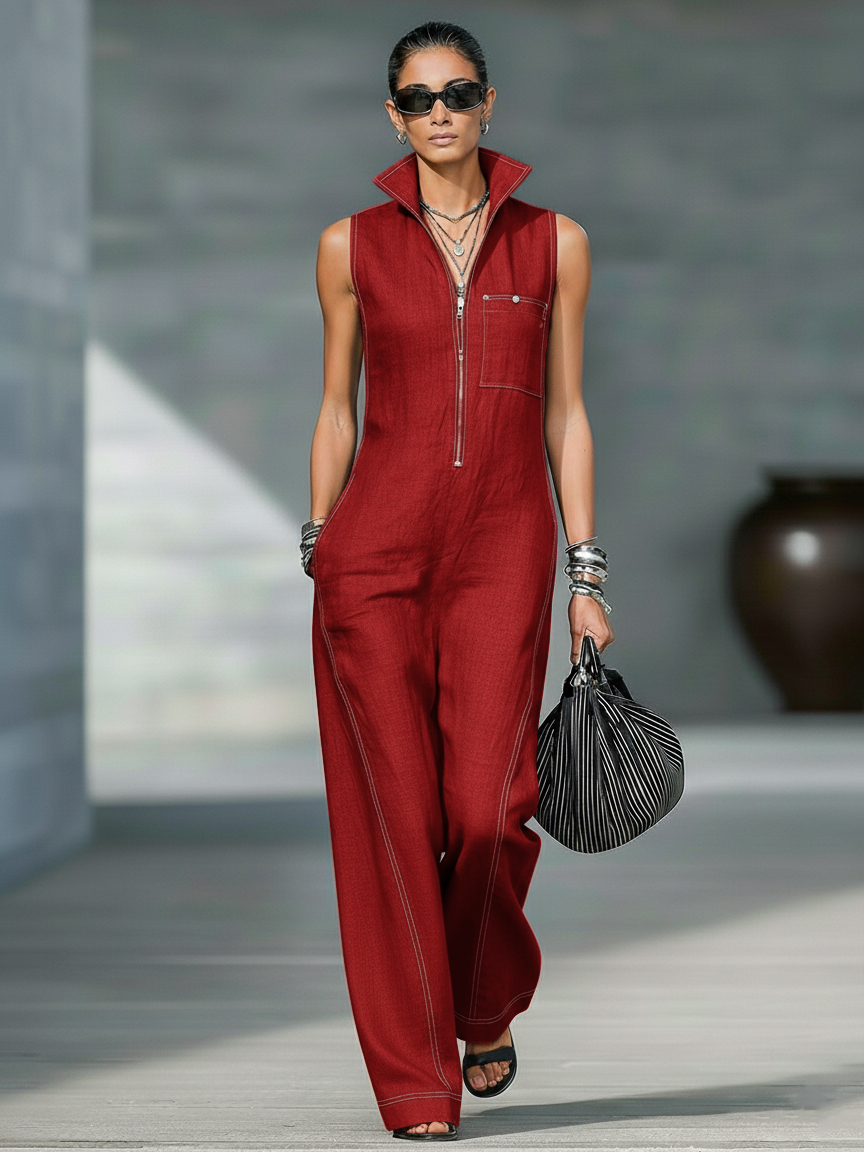 Salopette sin mangas minimalista para mujer con borde blanco