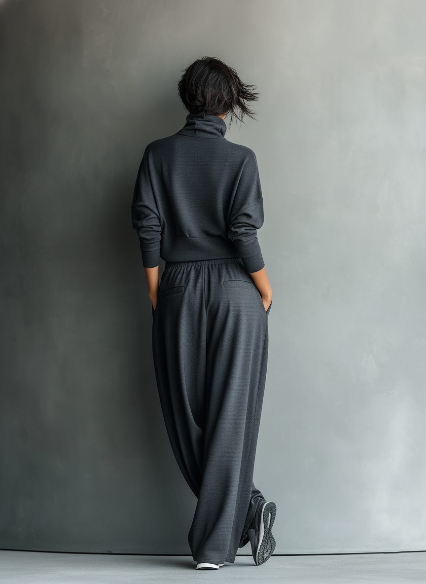 Conjunto de mujer de punto de carbón con cuello alto y pantalones de pierna ancha