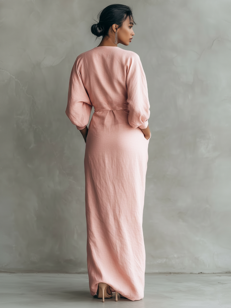 Vestido Maxi Minimalista Rosa con escote en V en mezcla de Lino para Mujer