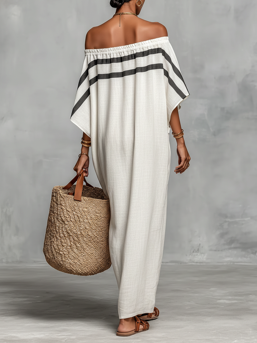 Vestido Maxi Minimalista de Lino para Mujer con Escote Off-the-Shoulder y Mangas de Murciélago