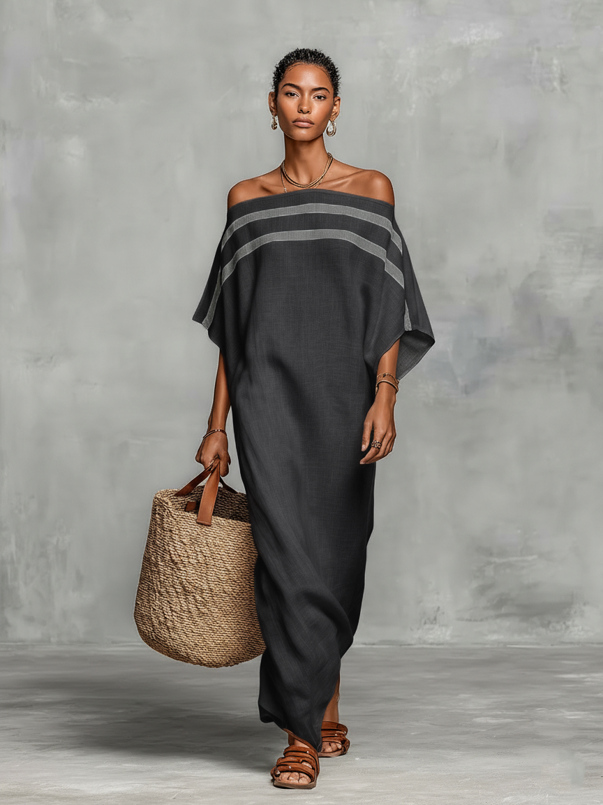 Vestido Maxi Minimalista de Lino para Mujer con Escote Off-the-Shoulder y Mangas de Murciélago