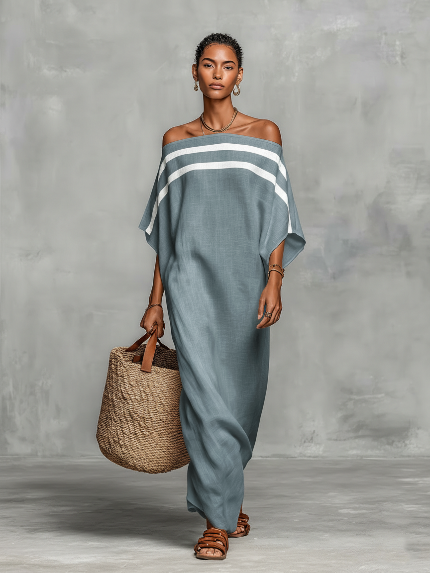 Vestido Maxi Minimalista de Lino para Mujer con Escote Off-the-Shoulder y Mangas de Murciélago