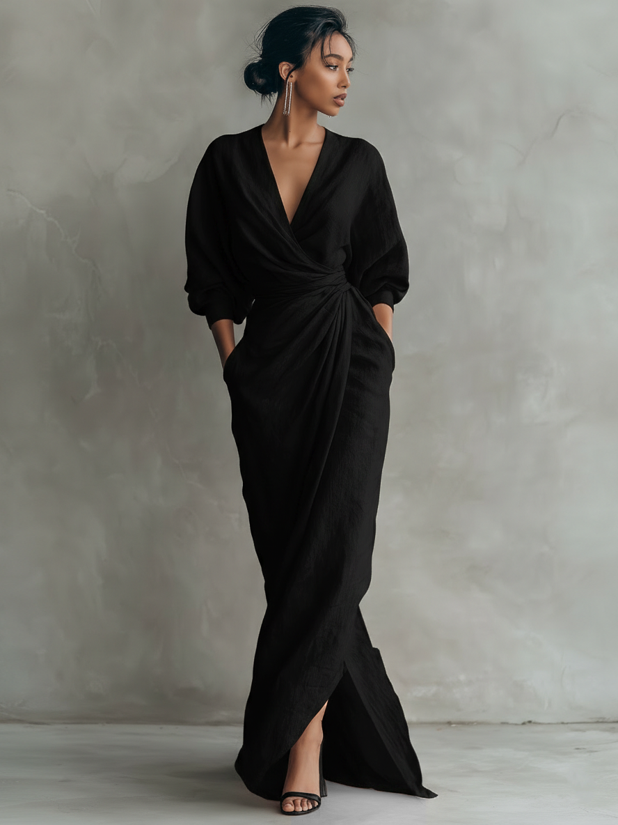 Vestido Maxi Minimalista Rosa con escote en V en mezcla de Lino para Mujer