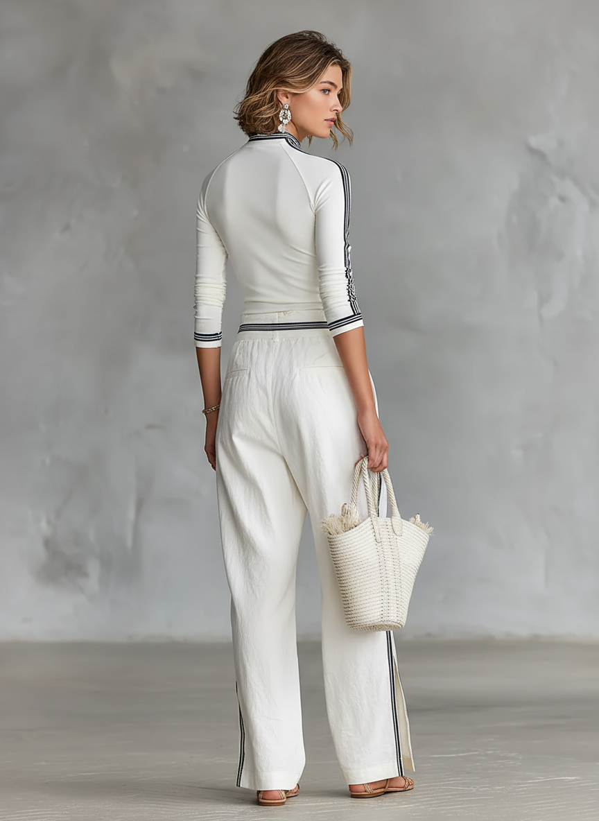 Conjunto de dos piezas para mujer: camiseta deportiva de manga larga con cuello alto y pantalones anchos con cordón