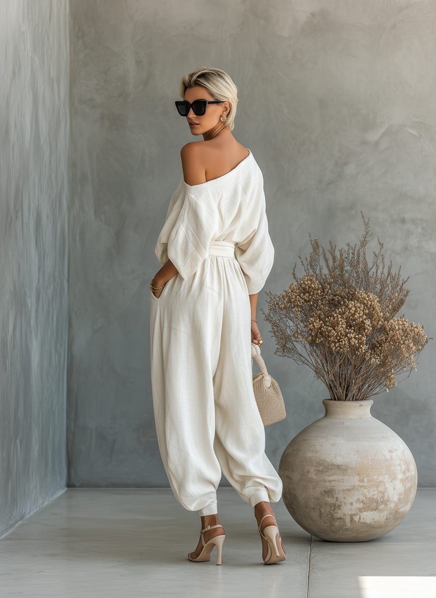Conjunto de Lino Off-White con Top Off-Shoulder y Pantalones Tapered