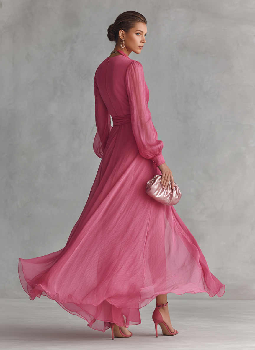 Vestido largo de chiffon rosa elegante con perlas y escote en V para mujer