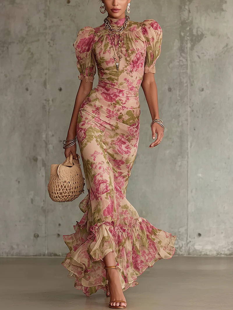 Vestido Maxi Estampado Rosa Vintage con Mangas Abullonadas y Falda de Sirena para Mujeres