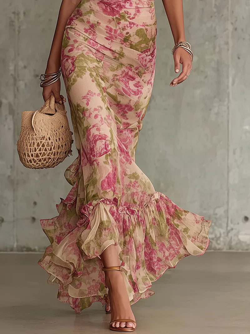 Vestido Maxi Estampado Rosa Vintage con Mangas Abullonadas y Falda de Sirena para Mujeres