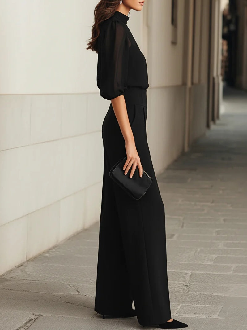 Valentina • Conjunto de tres piezas negro, compuesto por top camisola transparente y pantalones de pierna ancha