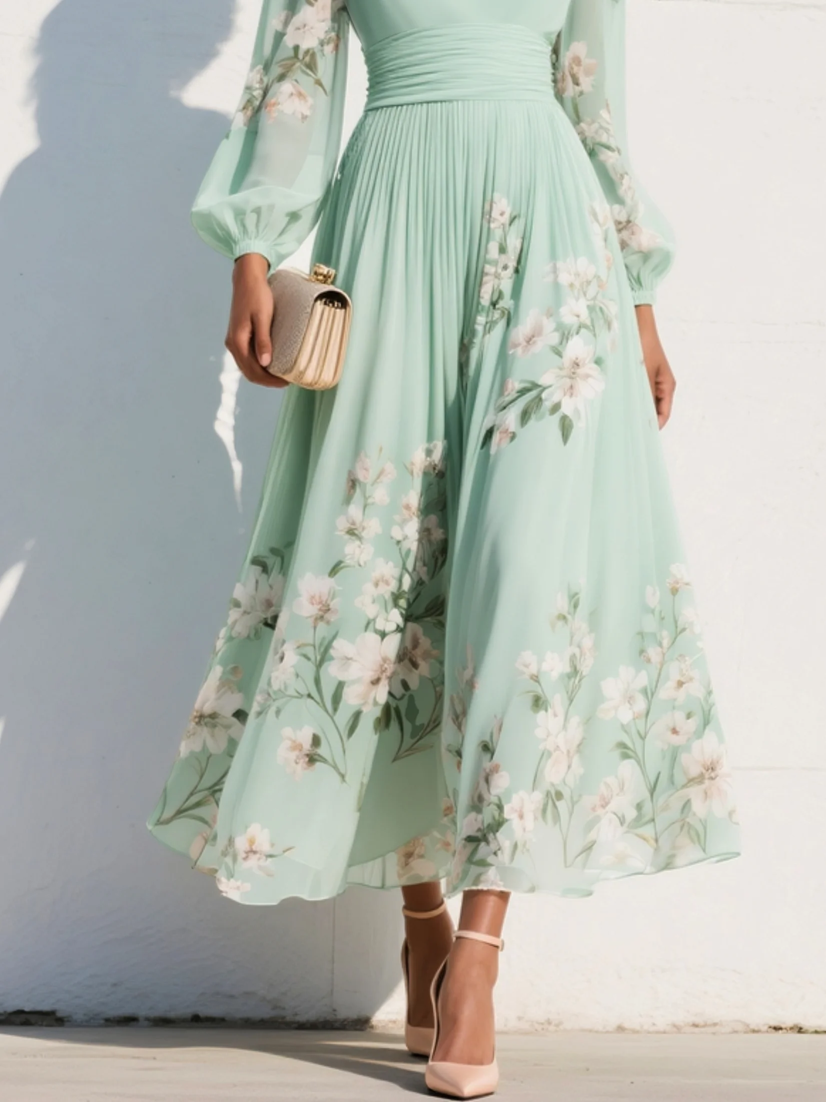 Vestido Maxi Plisado en Chiffon Verde Menta con Estampado Floral para Mujeres