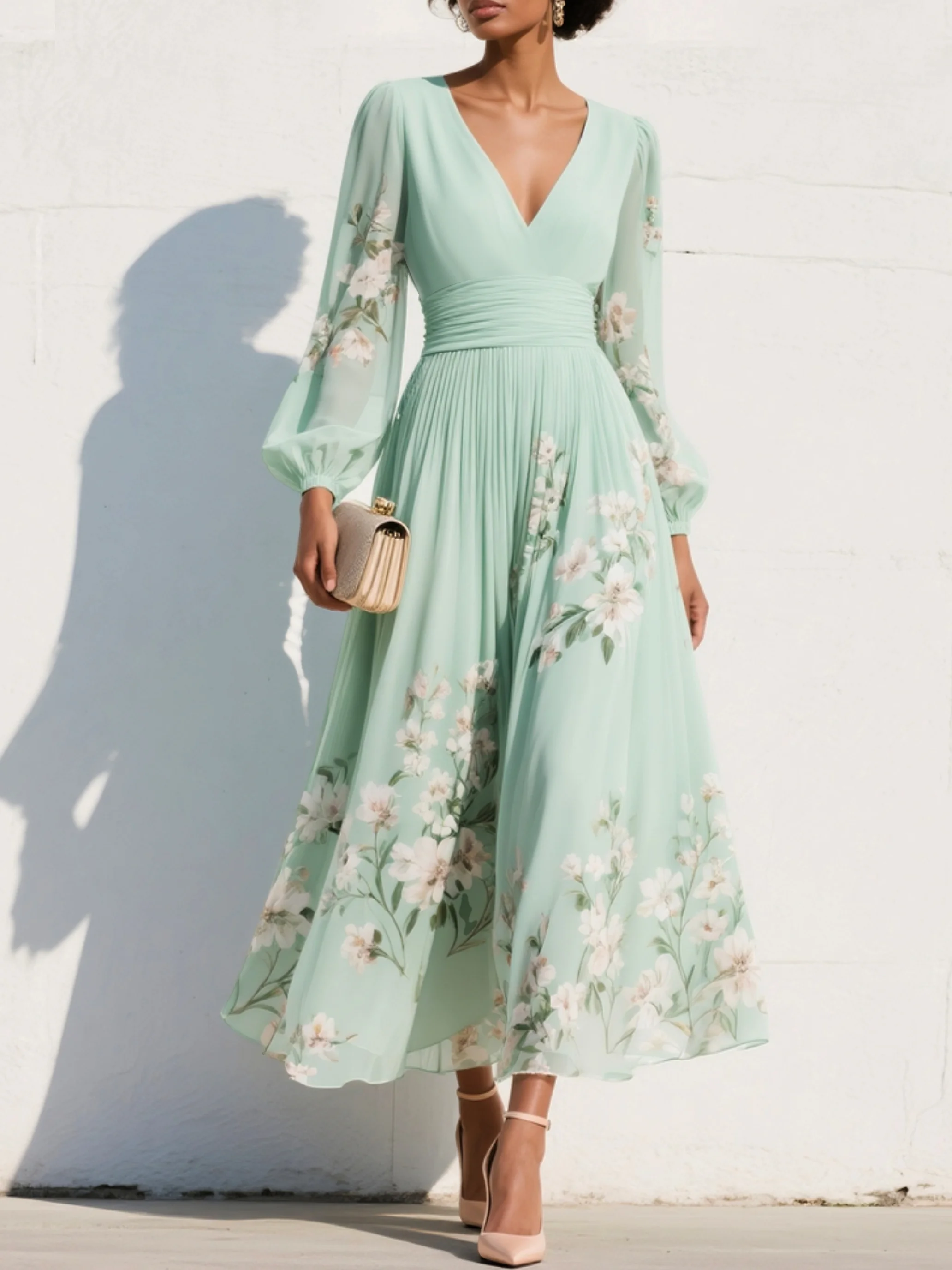 Vestido Maxi Plisado en Chiffon Verde Menta con Estampado Floral para Mujeres