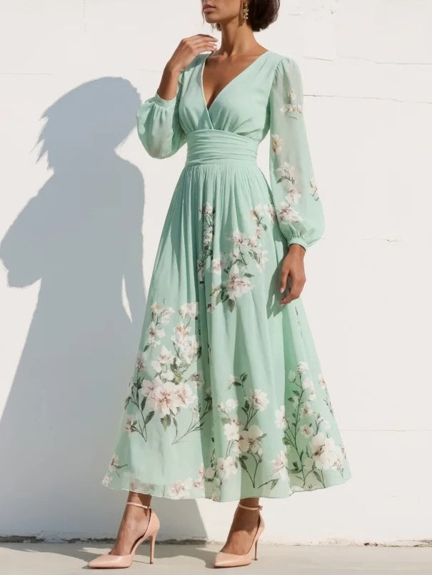 Vestido Maxi Plisado en Chiffon Verde Menta con Estampado Floral para Mujeres