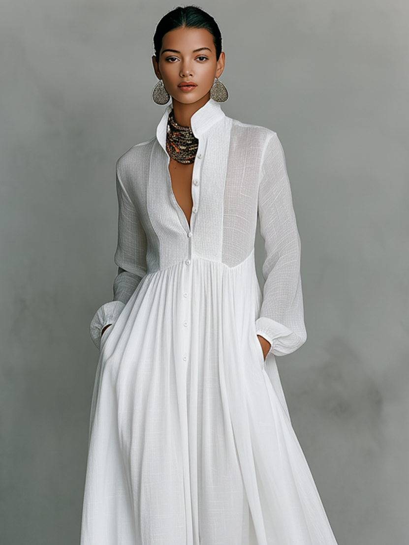 Vestido Maxi Minimalista de Algodón y Lino con Patchwork, Cuello Alto y Mangas Largas