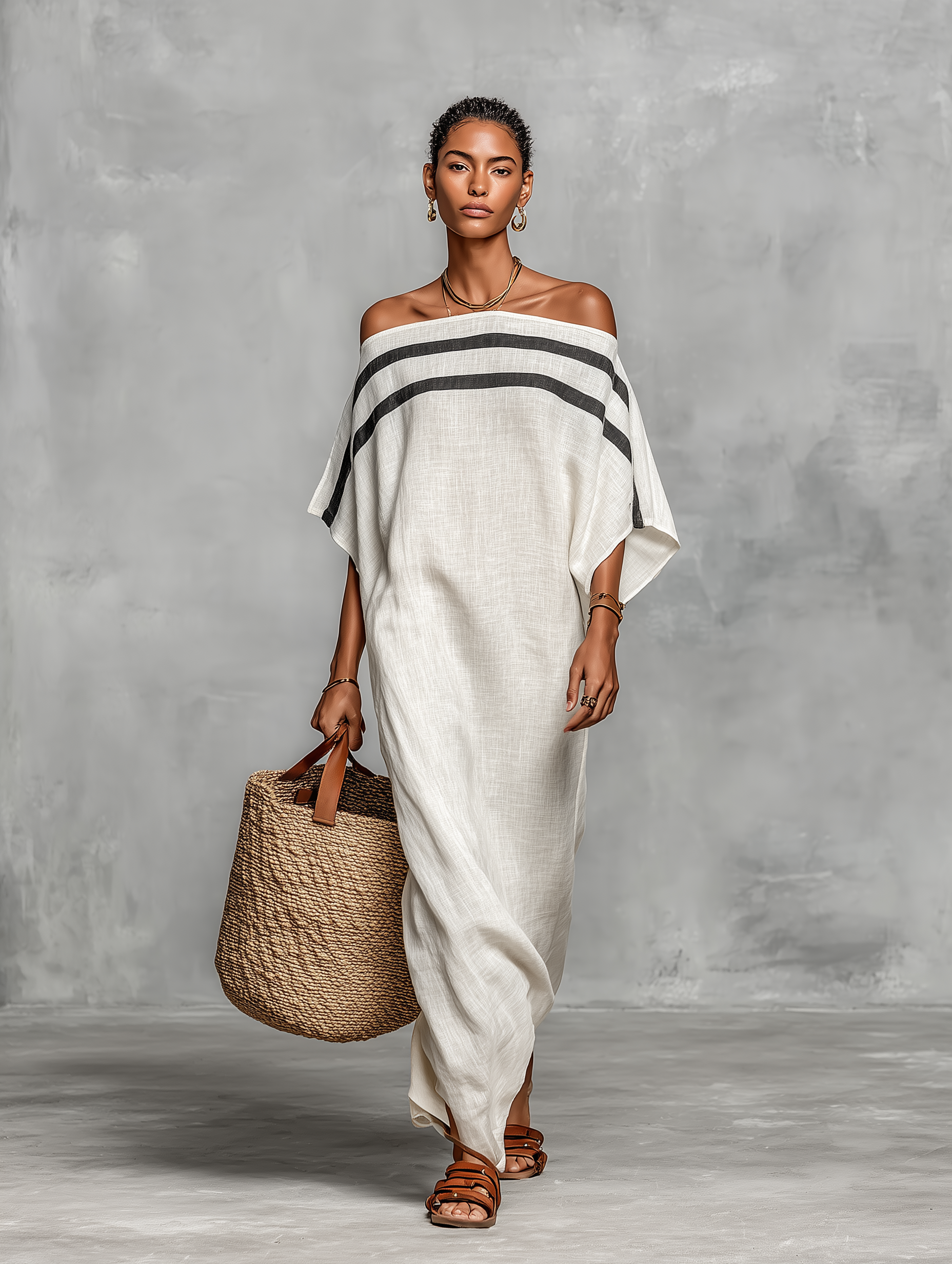 Vestido Maxi Minimalista de Lino para Mujer con Escote Off-the-Shoulder y Mangas de Murciélago